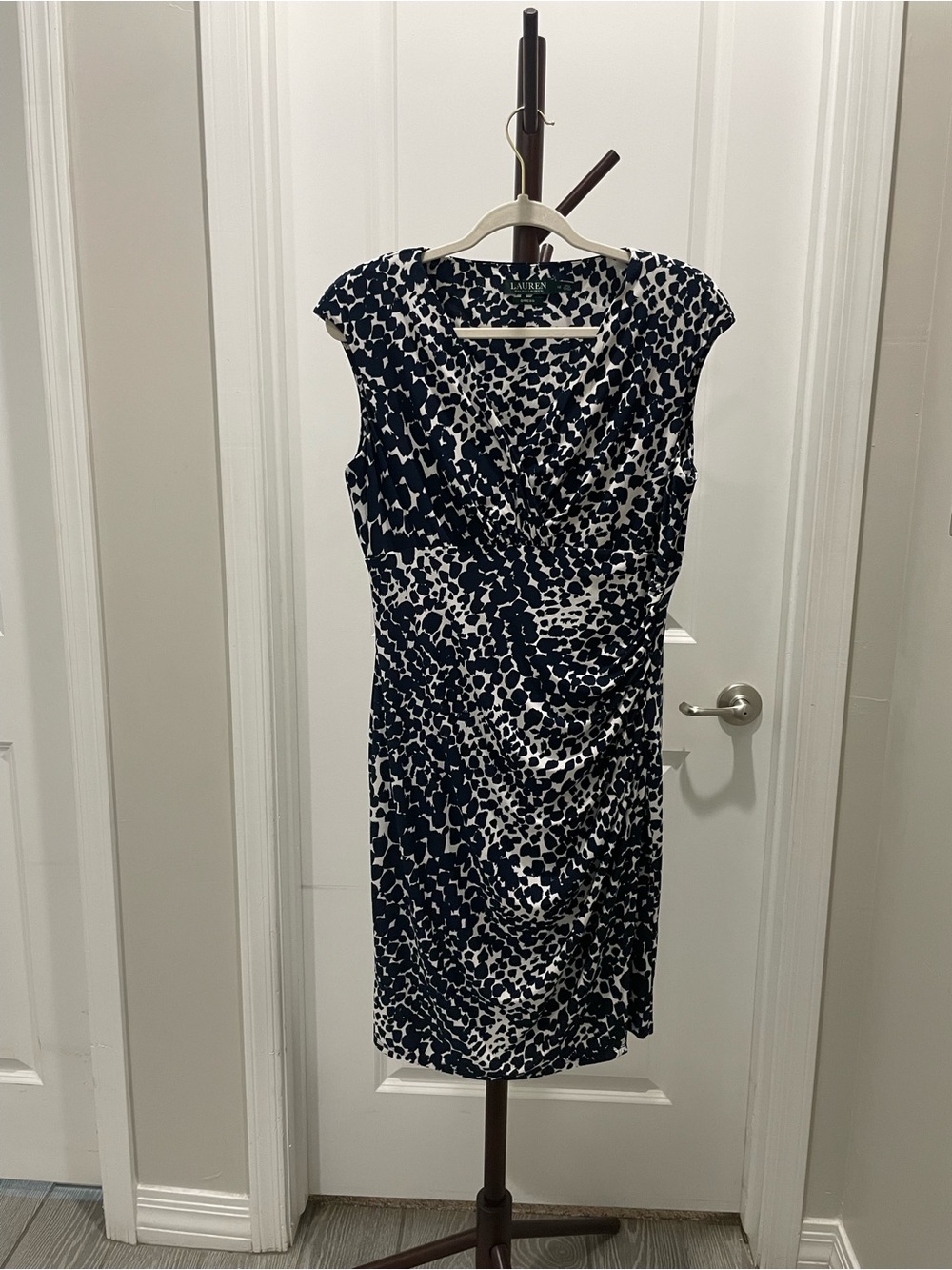 Ralph Lauren Navy and White Cap-Sleeve Printed Sheath Dress